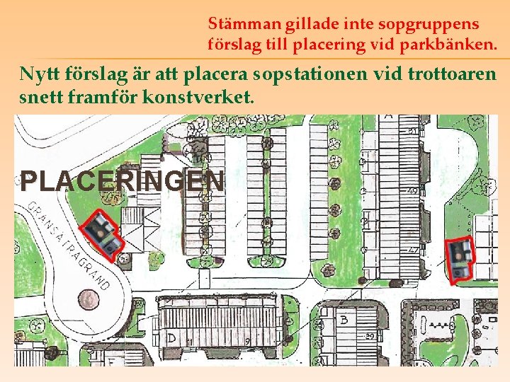 Stämman gillade inte sopgruppens förslag till placering vid parkbänken. Nytt förslag är att placera