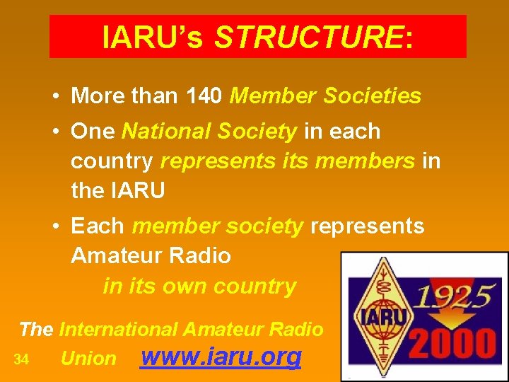 IARU’s STRUCTURE: • More than 140 Member Societies • One National Society in each