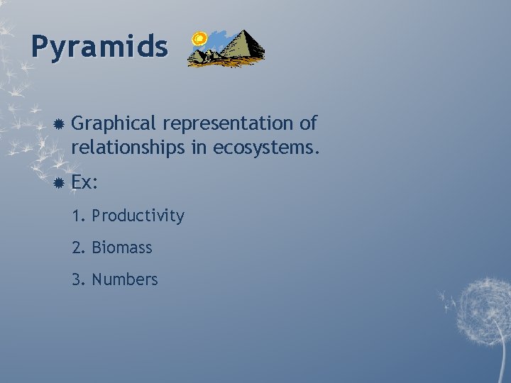 Pyramids Graphical representation of relationships in ecosystems. Ex: 1. Productivity 2. Biomass 3. Numbers Pyramids Graphical representation of relationships in ecosystems. Ex: 1. Productivity 2. Biomass 3. Numbers