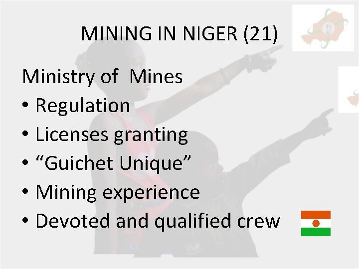 MINING IN NIGER (21) Ministry of Mines • Regulation • Licenses granting • “Guichet