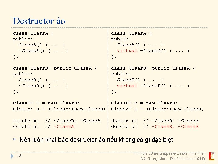 Destructor ảo class Class. A { public: Class. A() {. . . } ~Class.