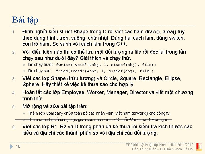 Bài tập 1. Định nghĩa kiểu struct Shape trong C rồi viết các hàm