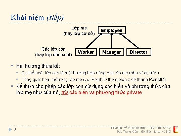 Khái niệm (tiếp) Lớp mẹ (hay lớp cơ sở) Các lớp con (hay lớp