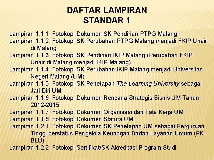 DAFTAR LAMPIRAN STANDAR 1 Lampiran 1. 1. 1 Fotokopi Dokumen SK Pendirian PTPG Malang