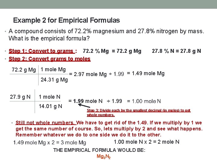 Example 2 for Empirical Formulas • A compound consists of 72. 2% magnesium and
