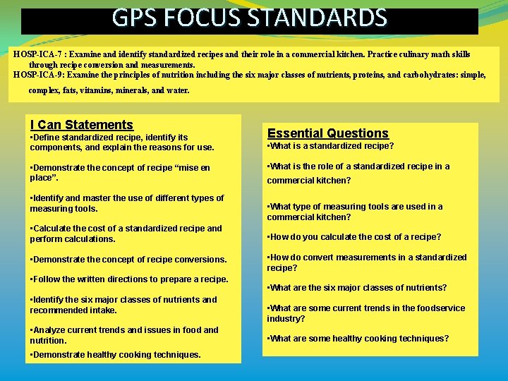 GPS FOCUS STANDARDS HOSP-ICA-7 : Examine and identify standardized recipes and their role in