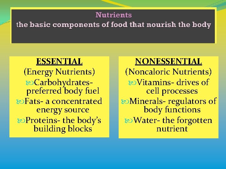 ESSENTIAL (Energy Nutrients) Carbohydrates- preferred body fuel Fats- a concentrated energy source Proteins- the