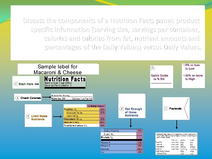 Discuss the components of a Nutrition Facts panel: product specific information (serving size, servings