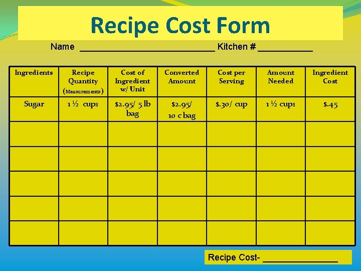 Recipe Cost Form Name ______________ Kitchen # ______ Ingredients Recipe Quantity (Measurements) Sugar 1