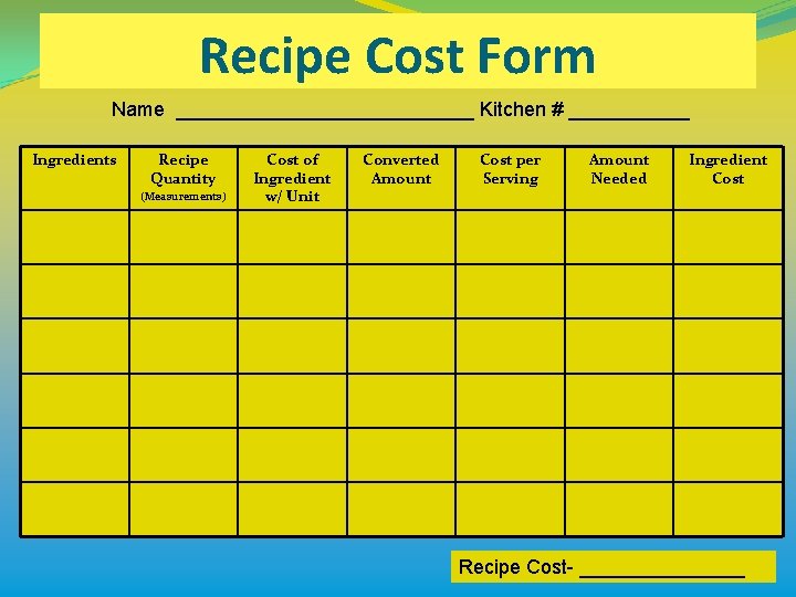 Recipe Cost Form Name ______________ Kitchen # ______ Ingredients Recipe Quantity (Measurements) Cost of