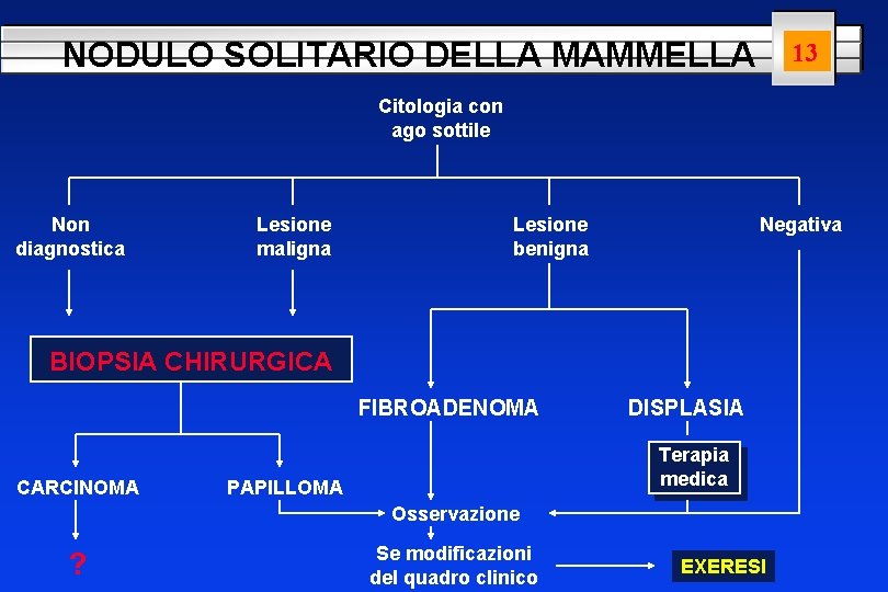 NODULO SOLITARIO DELLA MAMMELLA 13 Citologia con ago sottile Non diagnostica Lesione maligna Lesione