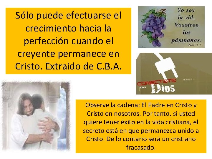Sólo puede efectuarse el crecimiento hacia la perfección cuando el creyente permanece en Cristo. Sólo puede efectuarse el crecimiento hacia la perfección cuando el creyente permanece en Cristo.