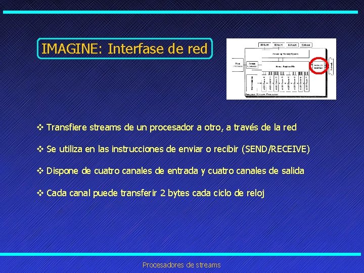 IMAGINE: Interfase de red v Transfiere streams de un procesador a otro, a través