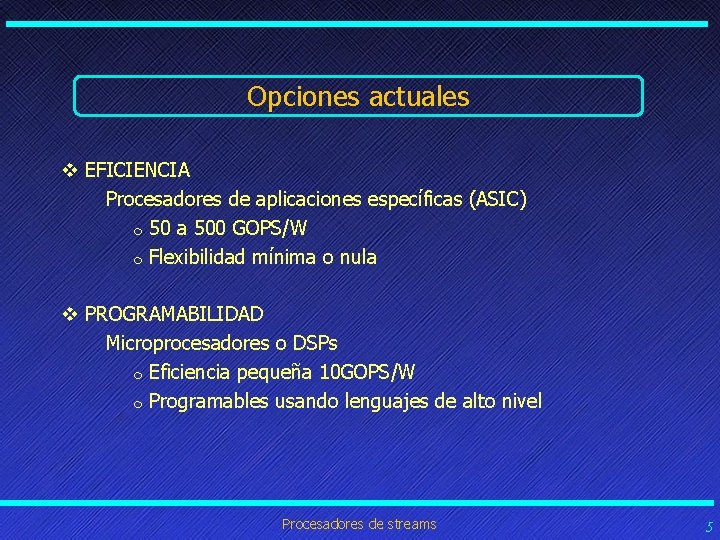 Opciones actuales v EFICIENCIA Procesadores de aplicaciones específicas (ASIC) m 50 a 500 GOPS/W