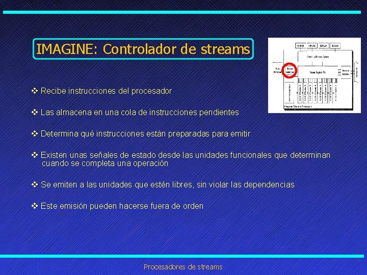 IMAGINE: Controlador de streams v Recibe instrucciones del procesador v Las almacena en una