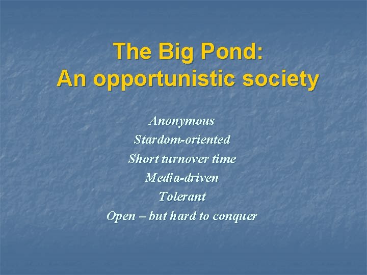 The Big Pond: An opportunistic society Anonymous Stardom-oriented Short turnover time Media-driven Tolerant Open