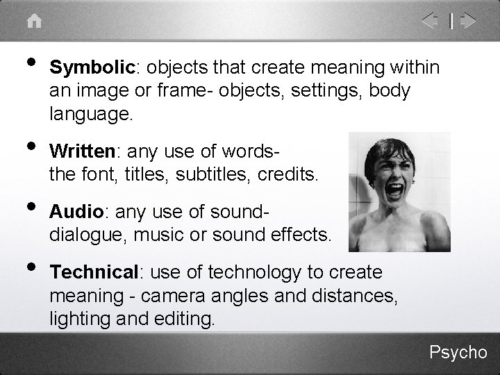  • • Symbolic: objects that create meaning within an image or frame- objects,