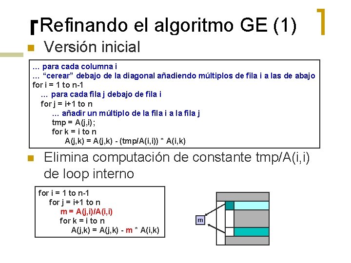 Refinando el algoritmo GE (1) n Versión inicial … para cada columna i …