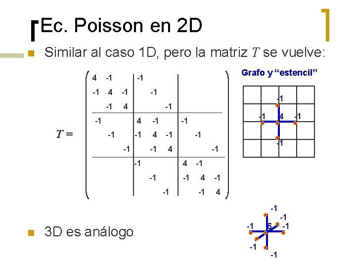 Ec. Poisson en 2 D n Similar al caso 1 D, pero la matriz