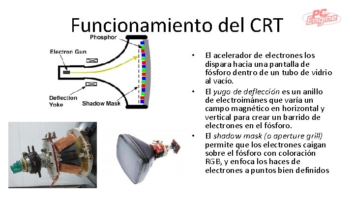 Funcionamiento del CRT • • • El acelerador de electrones los dispara hacia una