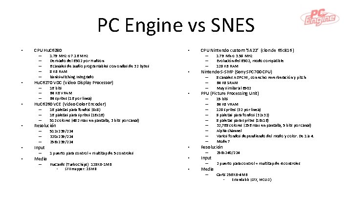 PC Engine vs SNES • CPU Hu. C 6280 – – – • Input