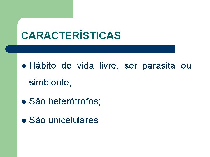 CARACTERÍSTICAS l Hábito de vida livre, ser parasita ou simbionte; l São heterótrofos; l