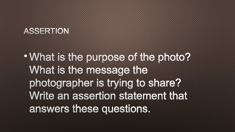 ASSERTION • WHAT IS THE PURPOSE OF THE PHOTO? WHAT IS THE MESSAGE THE