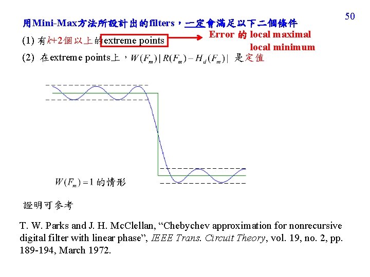 用Mini-Max方法所設計出的filters，一定會滿足以下二個條件 Error 的 local maximal (1) 有k+2個以上的extreme points local minimum (2) 在extreme points上， 是定值
