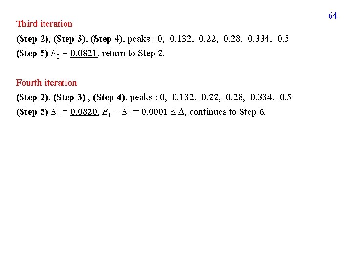 Third iteration (Step 2), (Step 3), (Step 4), peaks : 0, 0. 132, 0.