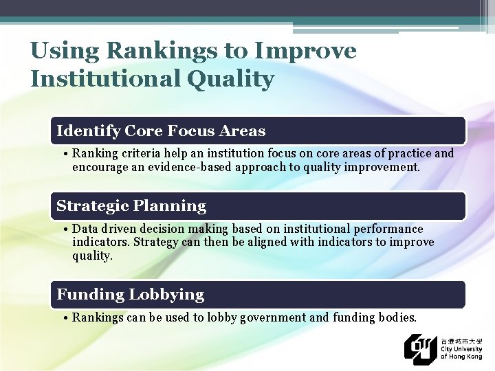 Using Rankings to Improve Institutional Quality Identify Core Focus Areas • Ranking criteria help