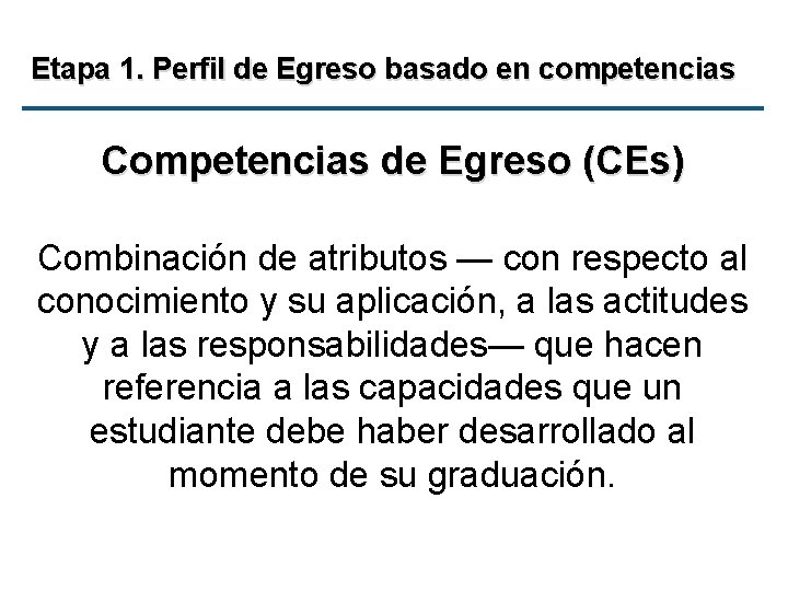 Etapa 1. Perfil de Egreso basado en competencias Competencias de Egreso (CEs) Combinación de