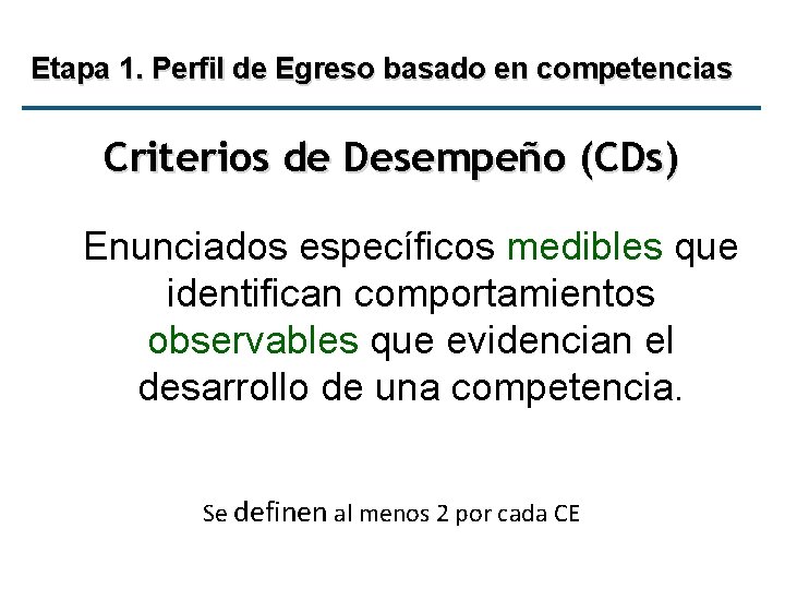 Etapa 1. Perfil de Egreso basado en competencias Criterios de Desempeño (CDs) Enunciados específicos