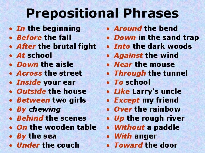 Prepositional Phrases • • • • In the beginning Before the fall After the