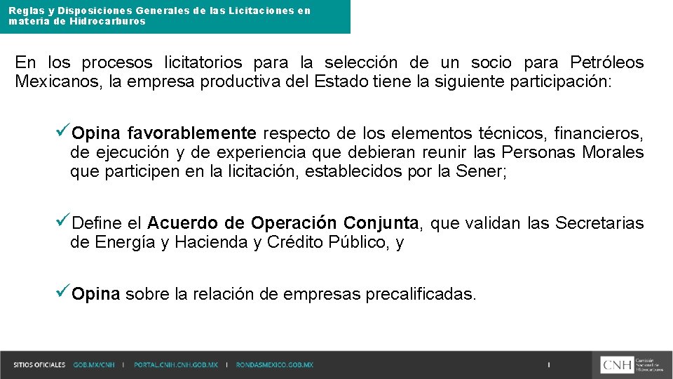 Reglas y Disposiciones Generales de las Licitaciones en materia de Hidrocarburos En los procesos