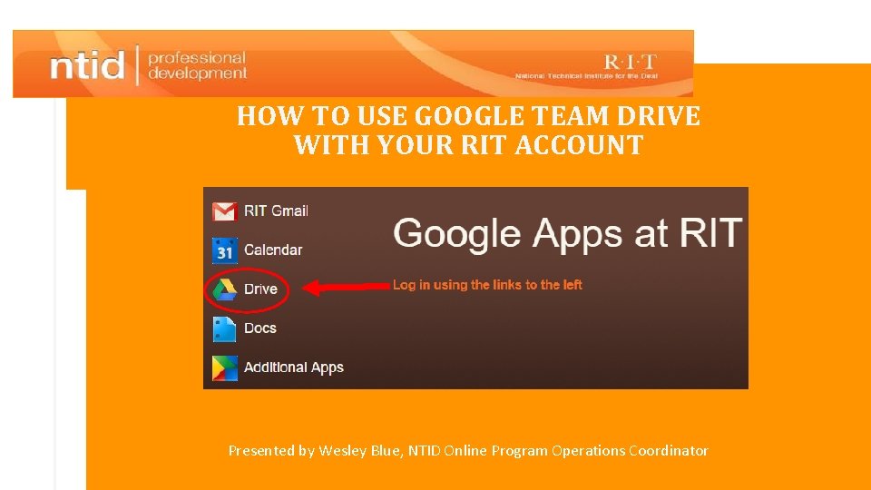 HOW TO USE GOOGLE TEAM DRIVE WITH YOUR RIT ACCOUNT Presented by Wesley Blue,