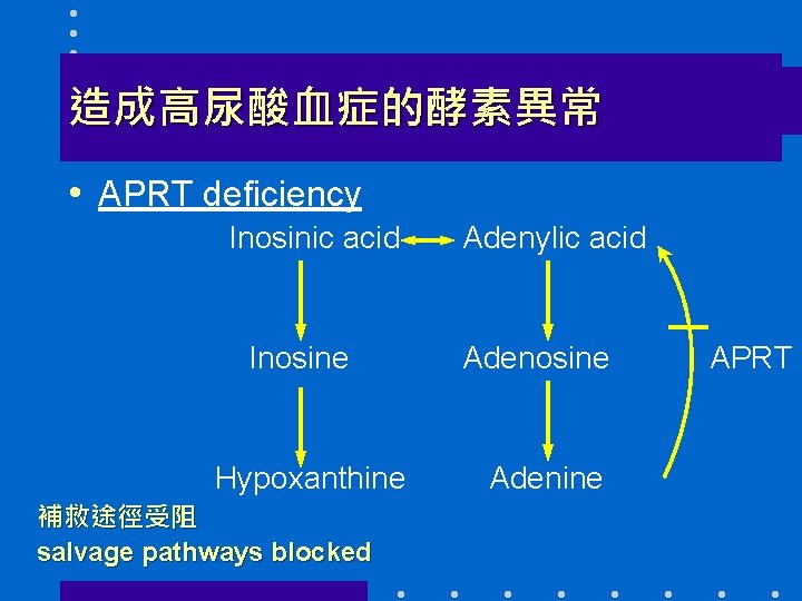 造成高尿酸血症的酵素異常 • APRT deficiency Inosinic acid Inosine Hypoxanthine 補救途徑受阻 salvage pathways blocked Adenylic acid