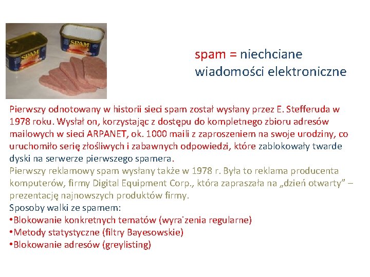 spam = niechciane wiadomości elektroniczne Pierwszy odnotowany w historii sieci spam został wysłany przez