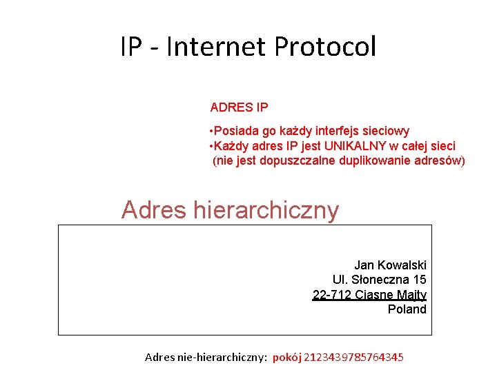 IP - Internet Protocol ADRES IP • Posiada go każdy interfejs sieciowy • Każdy