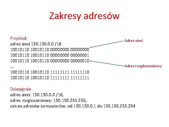 Zakresy adresów Przykład: adres sieci 150. 0. 0 /16 10010110 00000000 10010110 00000001 10010110