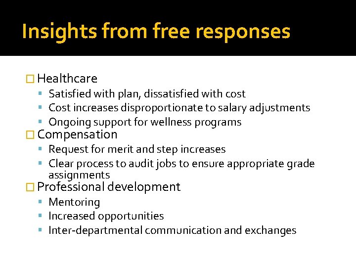 Insights from free responses � Healthcare Satisfied with plan, dissatisfied with cost Cost increases