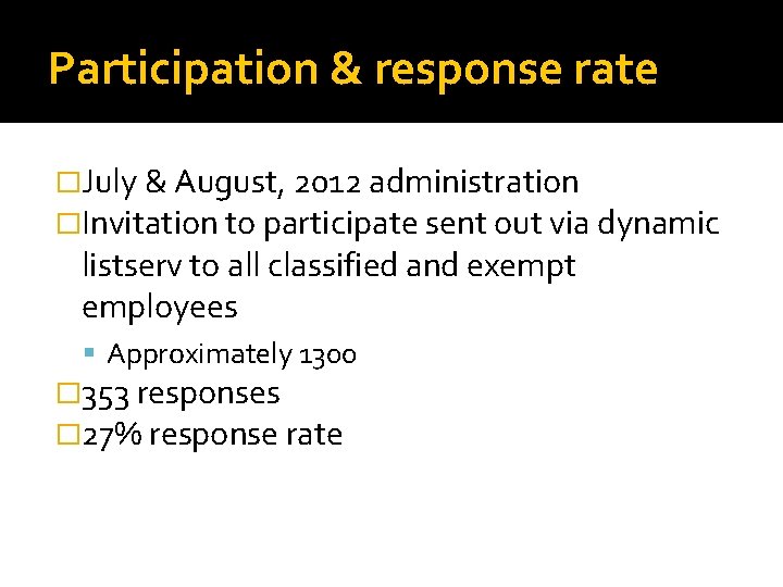 Participation & response rate �July & August, 2012 administration �Invitation to participate sent out