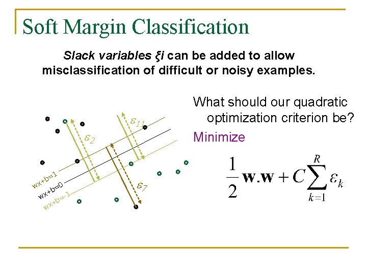 Soft Margin Classification Slack variables ξi can be added to allow misclassification of difficult Soft Margin Classification Slack variables ξi can be added to allow misclassification of difficult