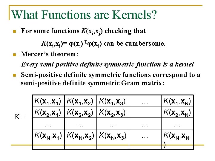 What Functions are Kernels? n n n For some functions K(xi, xj) checking that What Functions are Kernels? n n n For some functions K(xi, xj) checking that