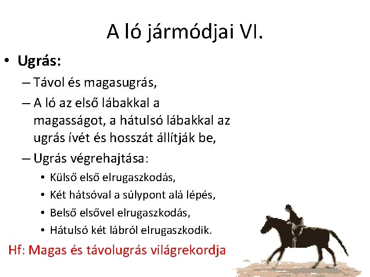 A ló jármódjai VI. • Ugrás: – Távol és magasugrás, – A ló az