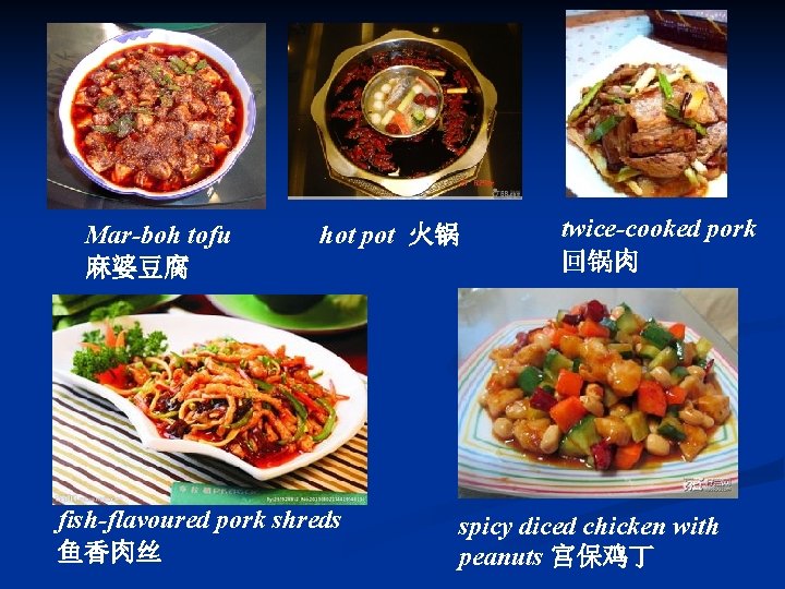 Mar-boh tofu 麻婆豆腐 hot pot 火锅 fish-flavoured pork shreds 鱼香肉丝 twice-cooked pork 回锅肉 spicy