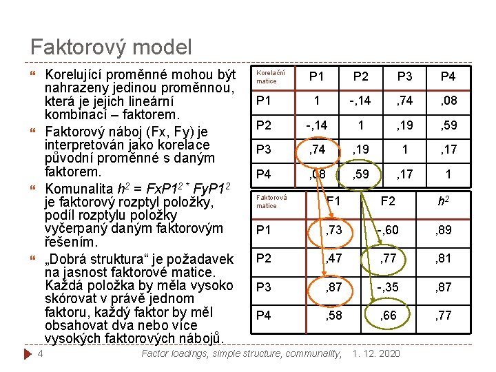 Faktorový model Korelující proměnné mohou být nahrazeny jedinou proměnnou, která je jejich lineární kombinací