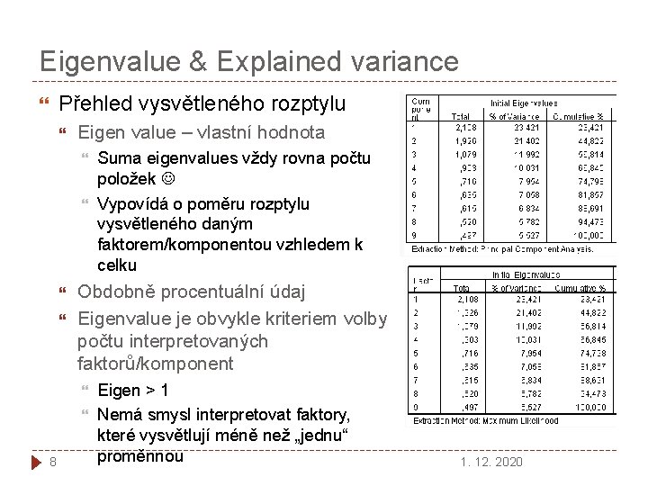 Eigenvalue & Explained variance Přehled vysvětleného rozptylu Eigen value – vlastní hodnota Obdobně procentuální