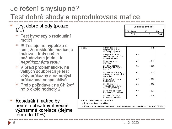 Je řešení smysluplné? Test dobré shody a reprodukovaná matice Test dobré shody (pouze ML)