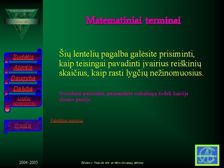 Matematiniai terminai Matematika Sudėtis Atimtis Daugyba Dalyba Lygčių sprendimas Pradžia 2004 -2005 Šių lentelių Matematiniai terminai Matematika Sudėtis Atimtis Daugyba Dalyba Lygčių sprendimas Pradžia 2004 -2005 Šių lentelių
