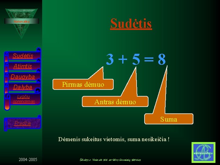 Sudėtis Matematika 3+5=8 Sudėtis Atimtis Daugyba Dalyba Lygčių sprendimas Pirmas dėmuo Antras dėmuo Suma Sudėtis Matematika 3+5=8 Sudėtis Atimtis Daugyba Dalyba Lygčių sprendimas Pirmas dėmuo Antras dėmuo Suma